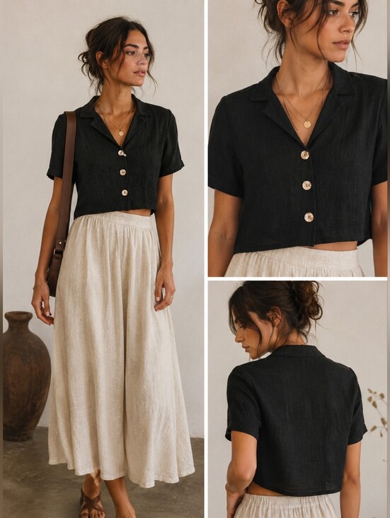 Yun Ker Tops - Vintage Yun Ker Linen Button Up Crop Top Size 6 Black Canadian Designer